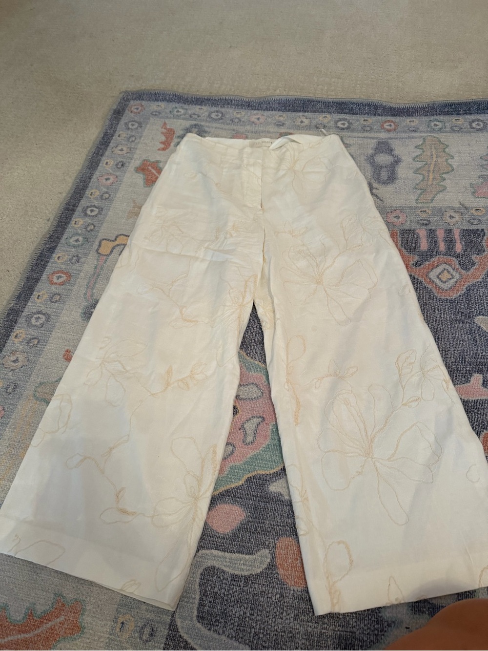 Zara Cream Wide-Leg Embroidered Floral Pants